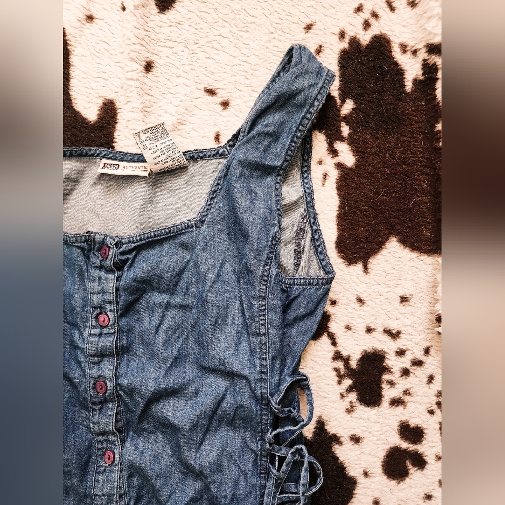 "FADED GLORY" WOMEN'S 90'S LACE UP DENIM TIE DETAIL TANK - BLUE - Picture 3 of 4